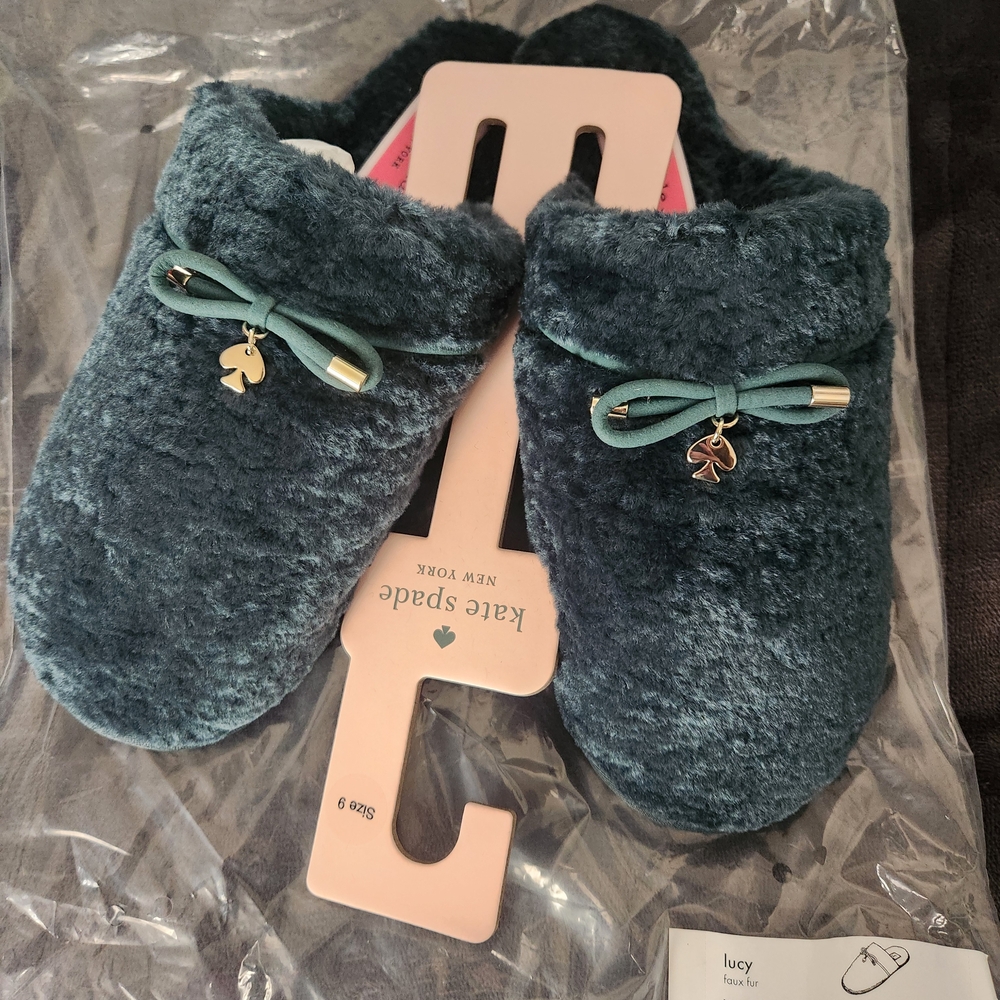 NIP Kate Spade Plush Slippers in Deep Teal
